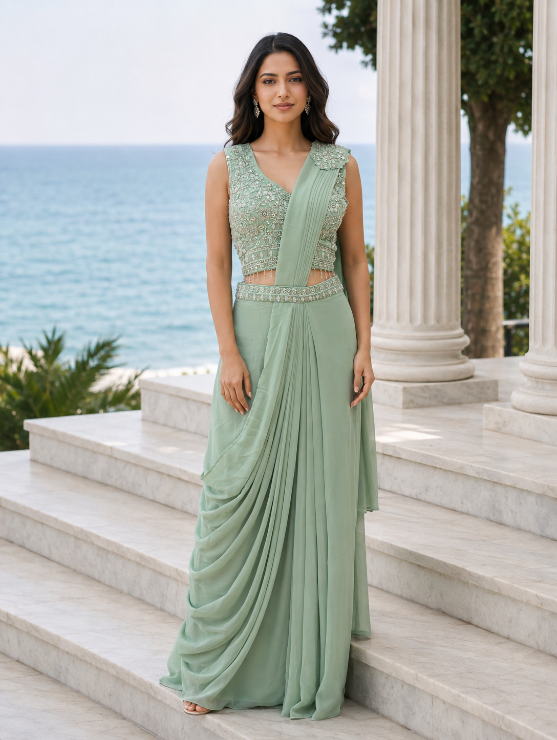 Mint Crystal Draped Saree Couture Ensemble
