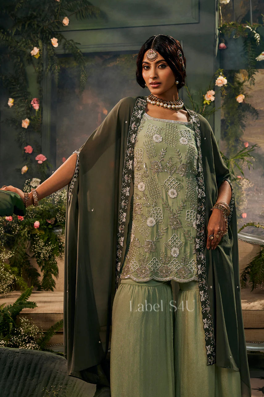 Olive Green Embroidered Palazzo Suit