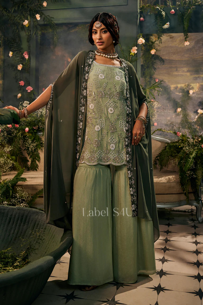 Olive Green Embroidered Palazzo Suit
