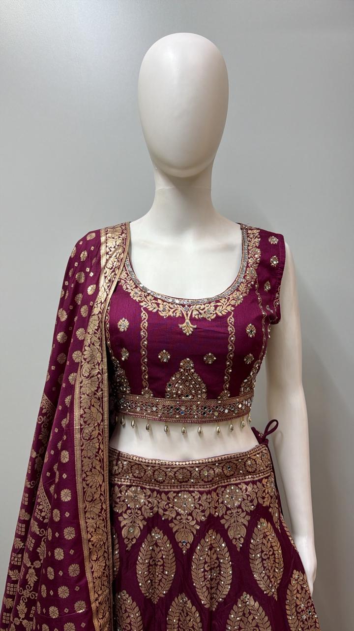 Mulberry Gold Zari Bridal Lehenga Ensemble