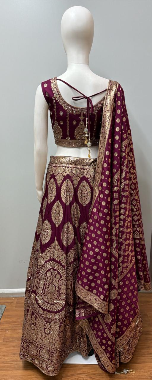 Mulberry Gold Zari Bridal Lehenga Ensemble