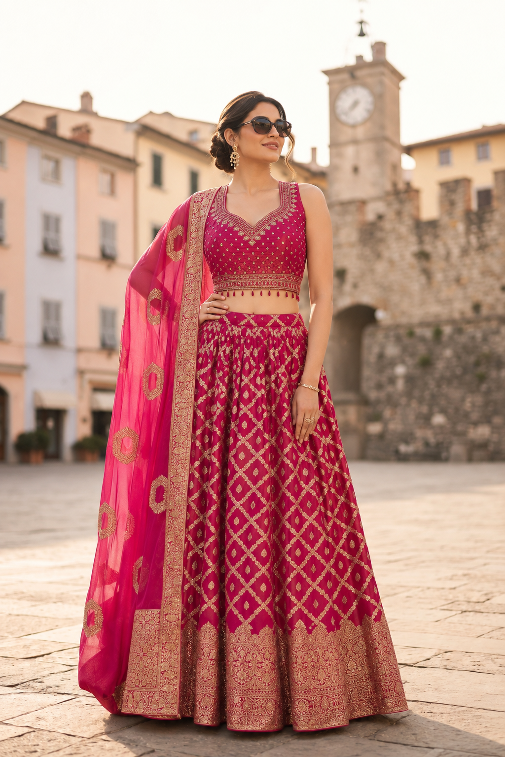 Rani Pink Gold Zari Lehenga Set