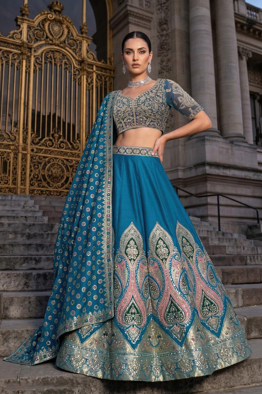 Teal Paisley Embroidered Lehenga Set