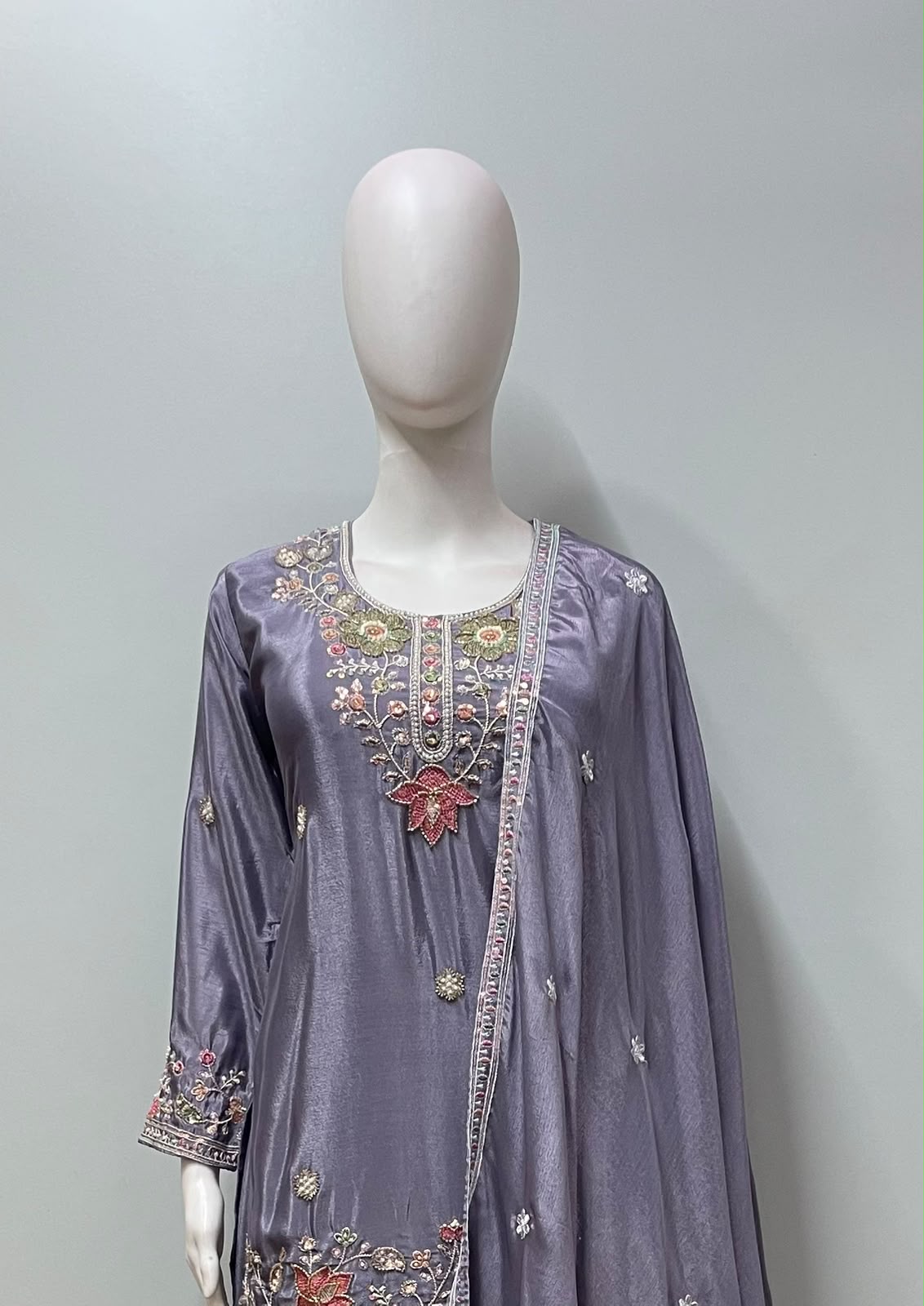 Smoky Lilac Floral Embroidered Festive Ensemble