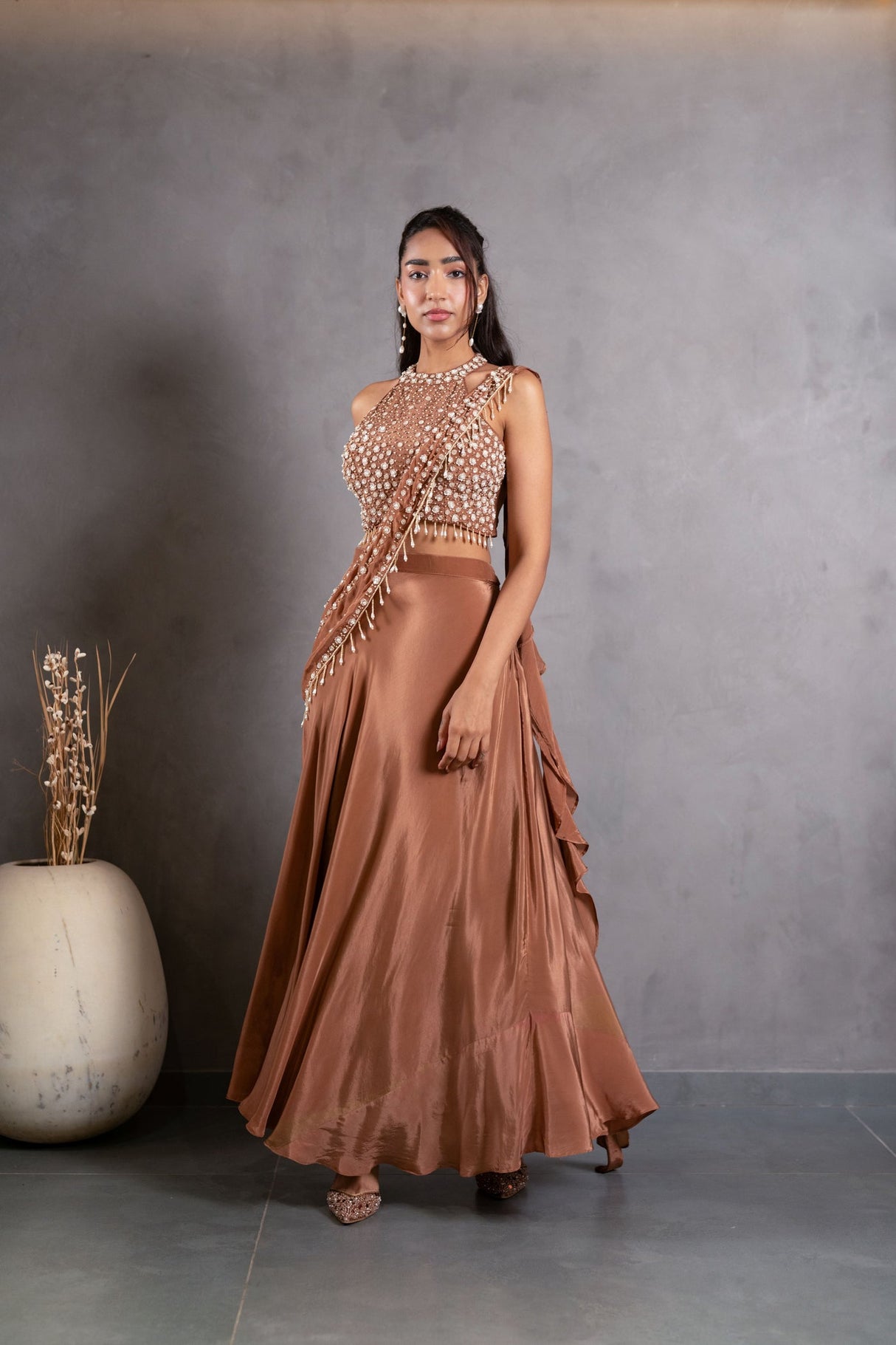 Copper Pearl Embellished Palazzo Drape Couture Set