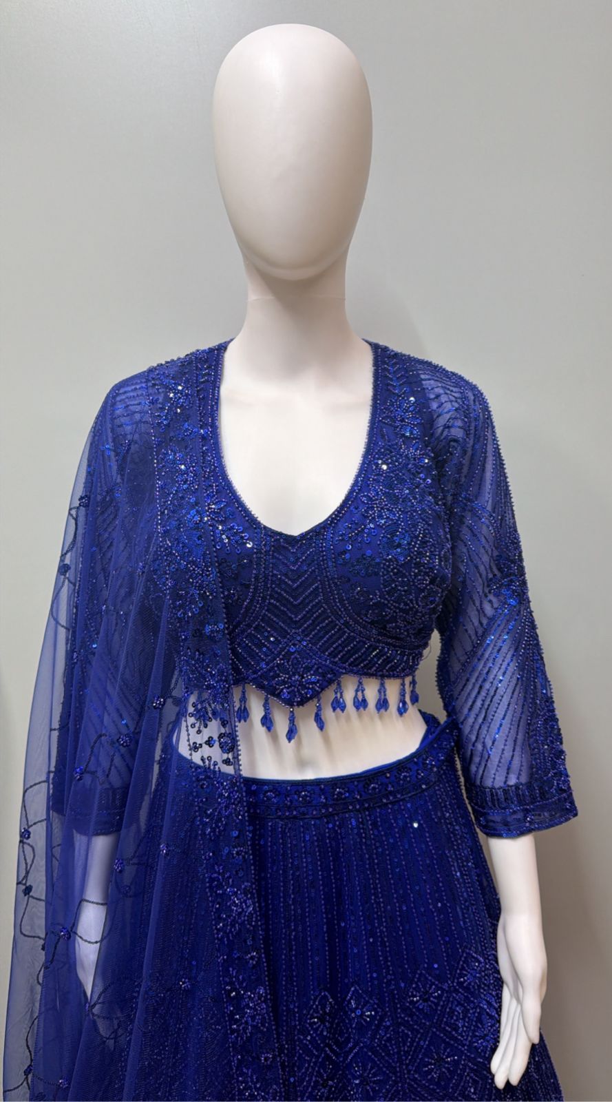 Cobalt Blue Sequin Net Lehenga Ensemble