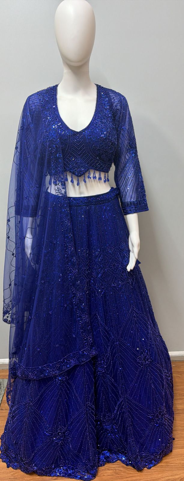 Cobalt Blue Sequin Net Lehenga Ensemble