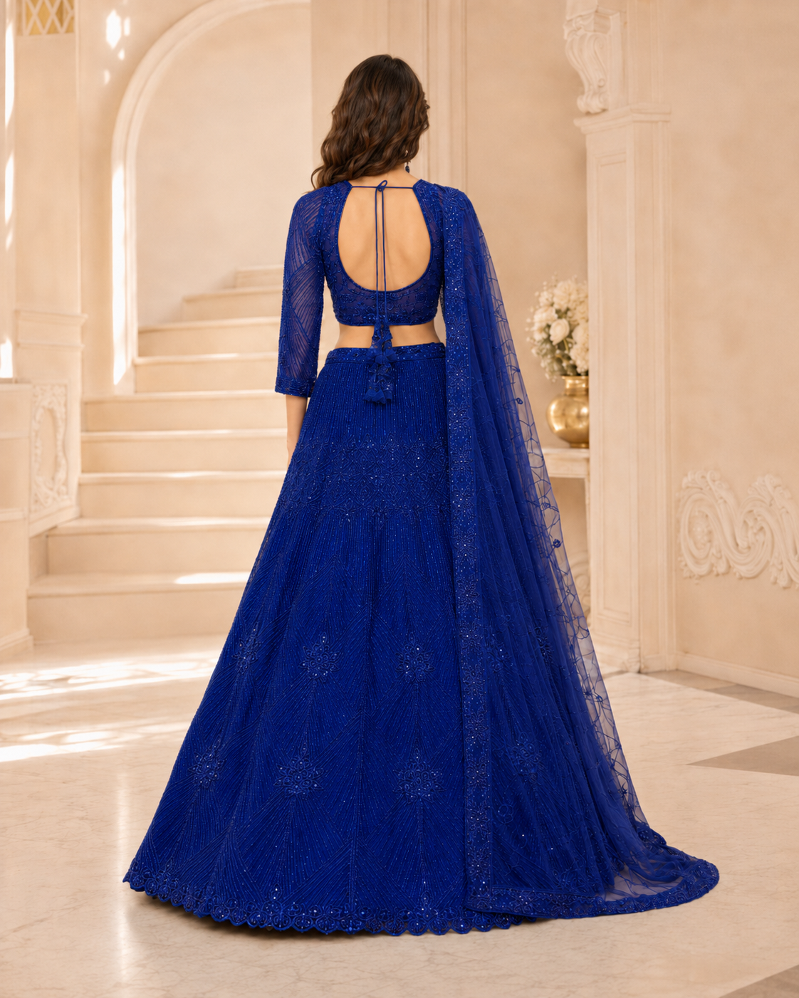 Cobalt Blue Sequin Net Lehenga Ensemble
