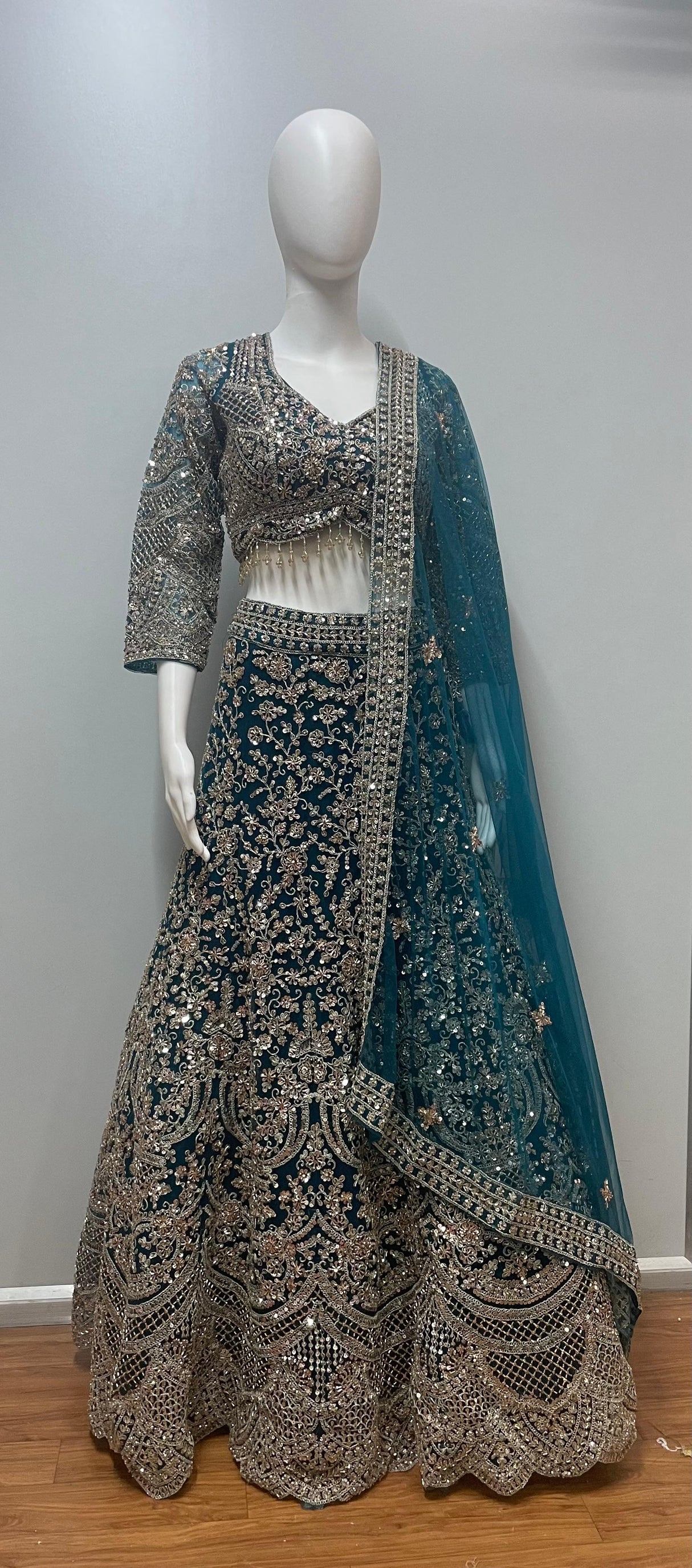 Deep Teal Antique Silver Bridal Lehenga