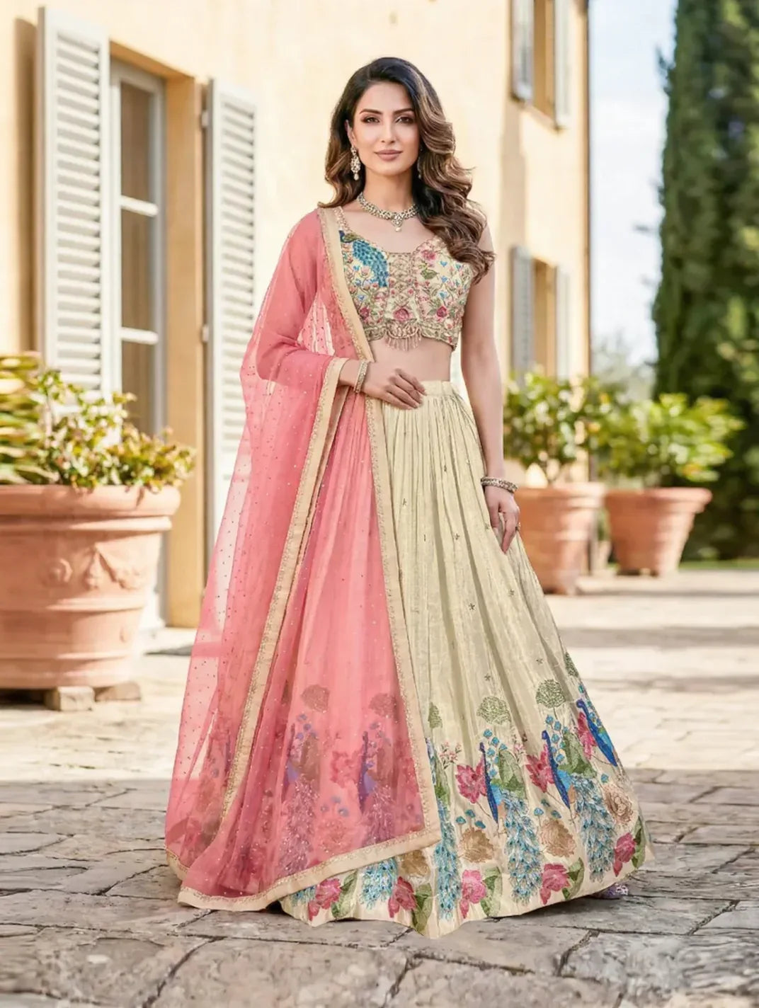 Peach Blossom Embroidered Lehenga Set - MishUUU