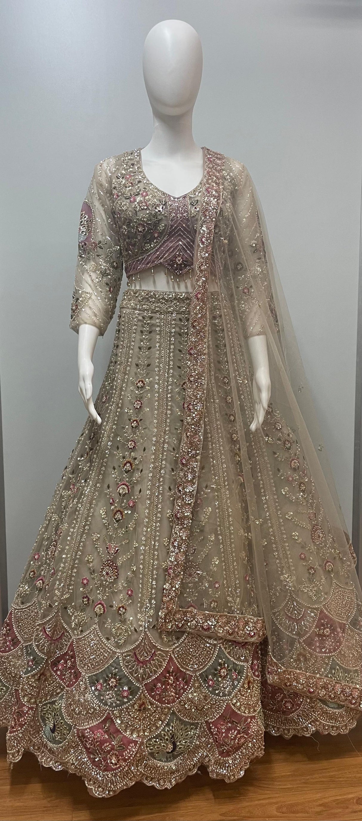 Taupe Rose Silver Bridal Lehenga Ensemble