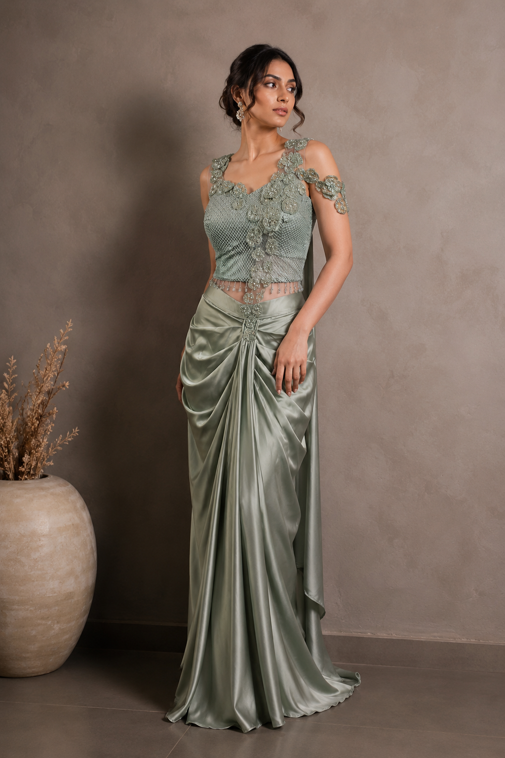 Sage Pearl Floral Draped Saree Set