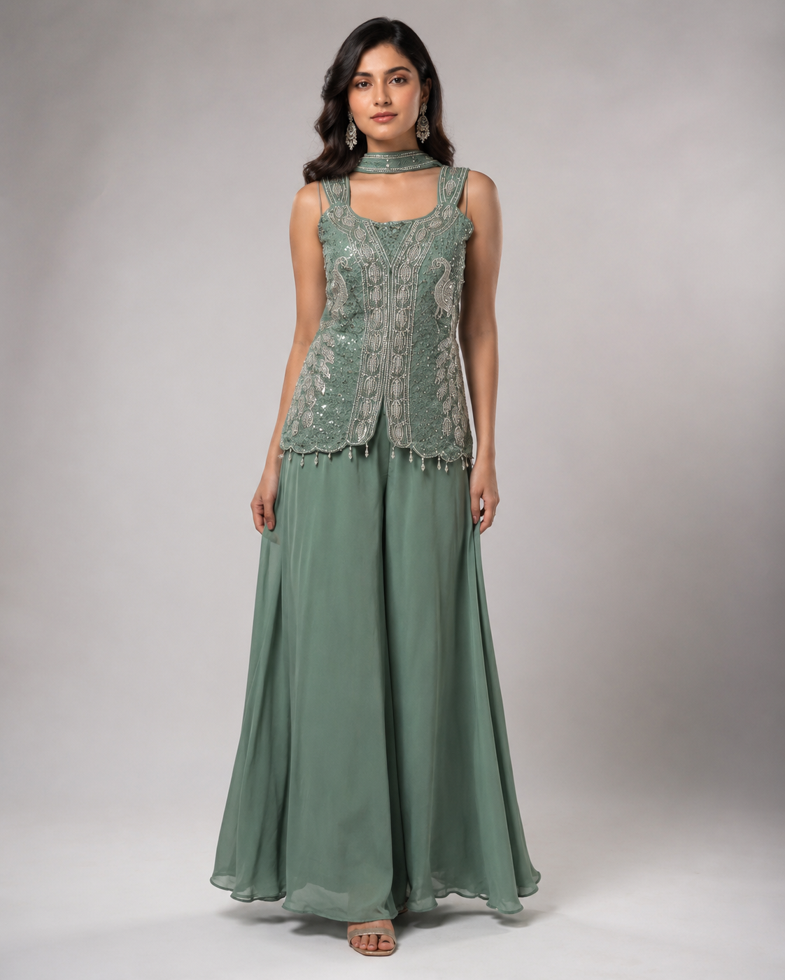 Sage Green Silver Embroidered Palazzo Set