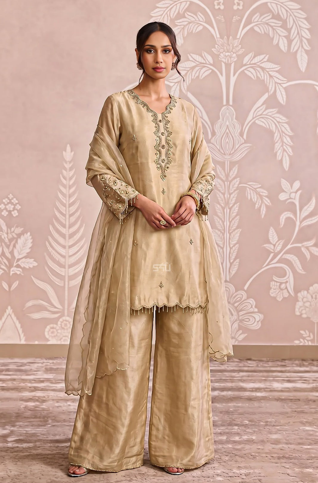 Champagne Scallop Embroidered Palazzo Set