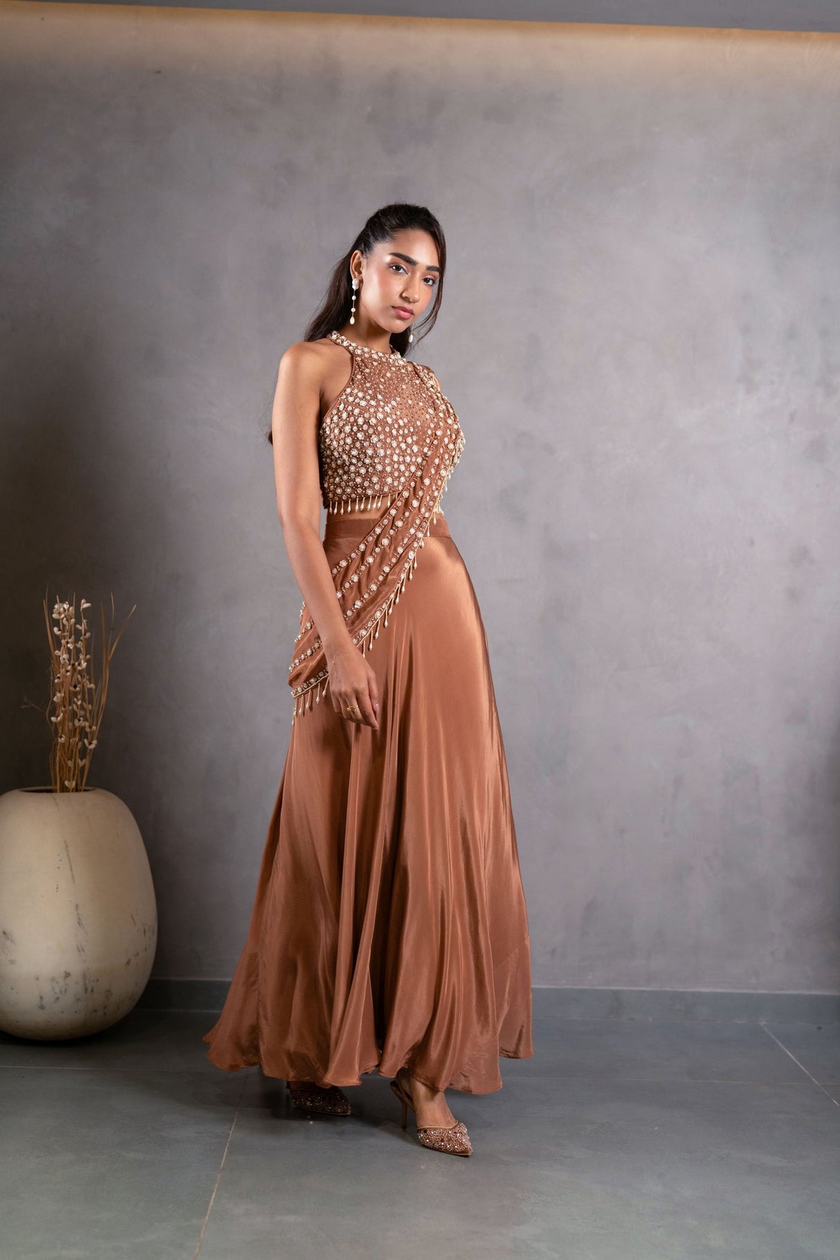 Copper Pearl Embellished Palazzo Drape Couture Set