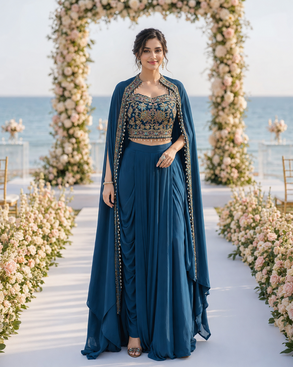 Teal Floral Embroidered Cape Palazzo Set