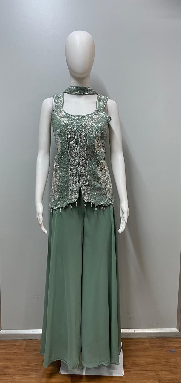 Sage Green Silver Embroidered Palazzo Set