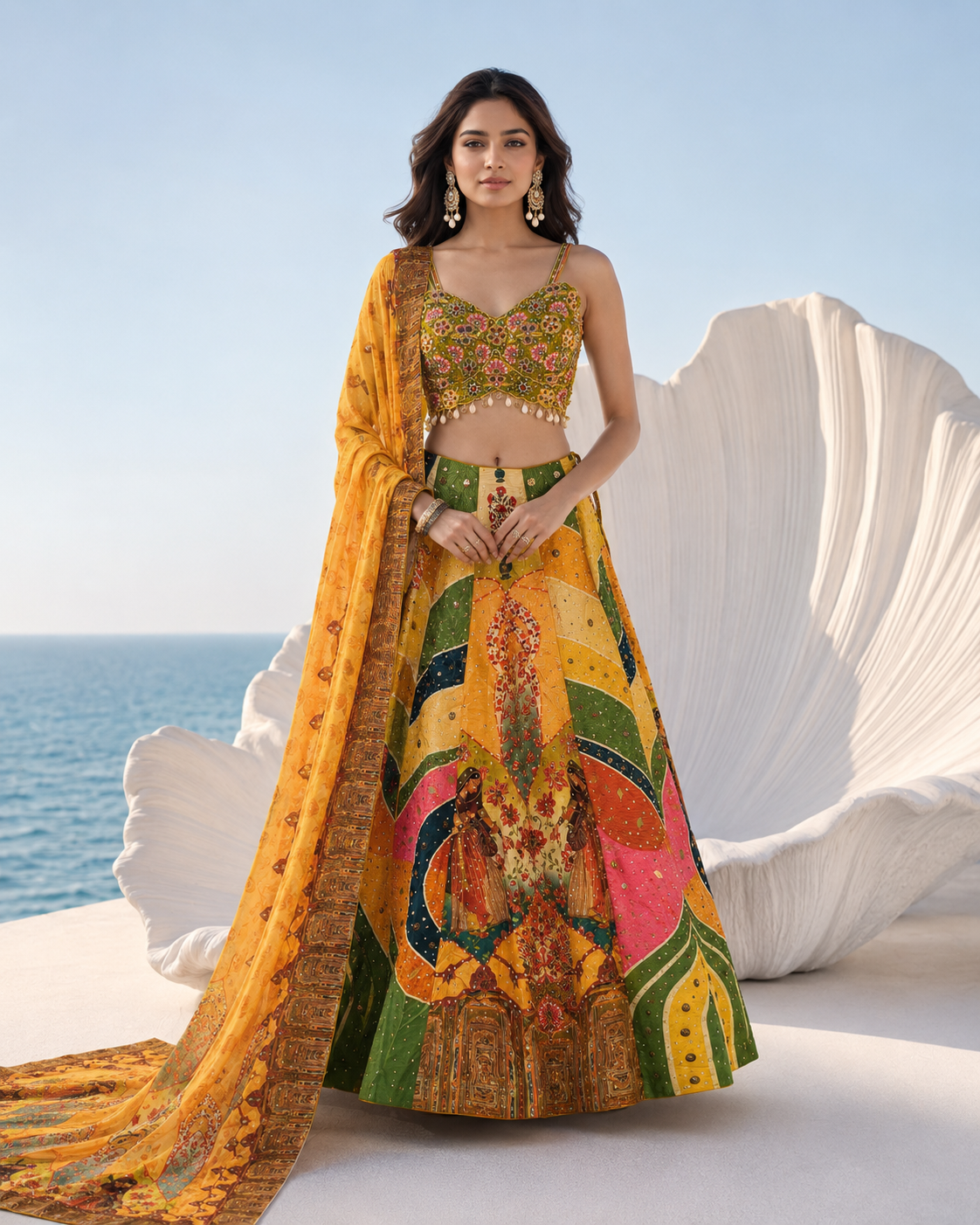 Mustard Green Printed Lehenga Set
