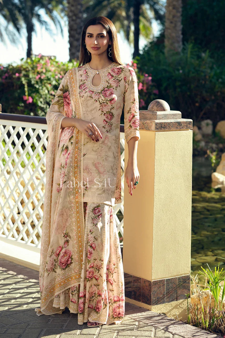 Cream floral print sharara suit worn as a coordinated bridesmaid outfit