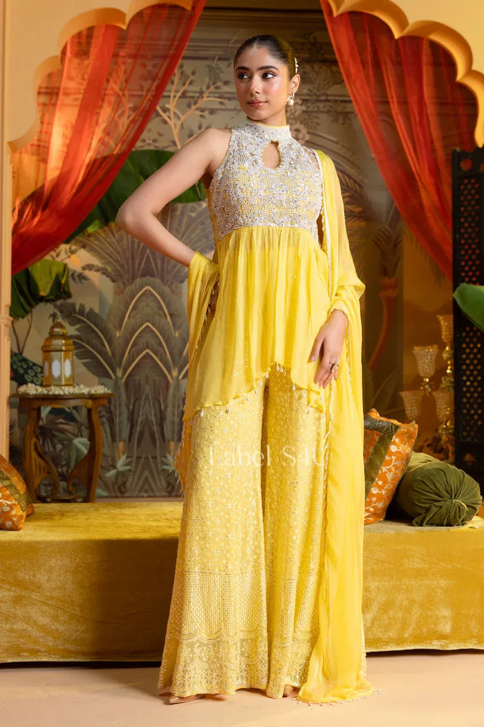 Sunshine yellow handcrafted palazzo set with a matching kurta, a basanti-register colour for Vaisakhi