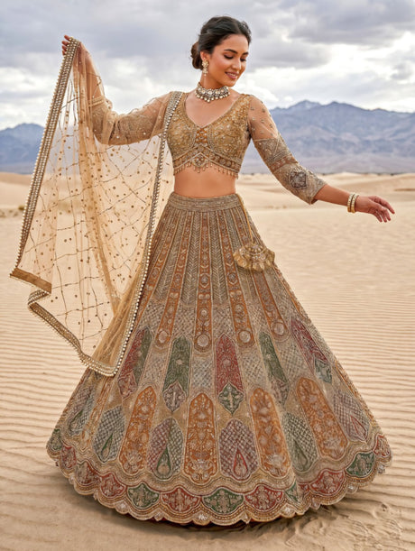 Desert gold zari bridal lehenga with embroidered blouse and dupatta