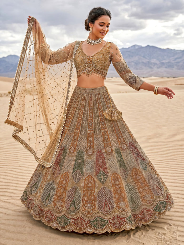 Desert gold zari bridal lehenga with embroidered blouse and dupatta