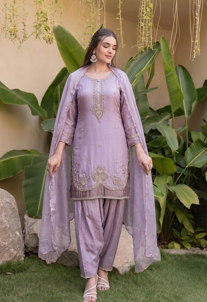 Lavender pearl salwar kameez set with a matching dupatta and trousers