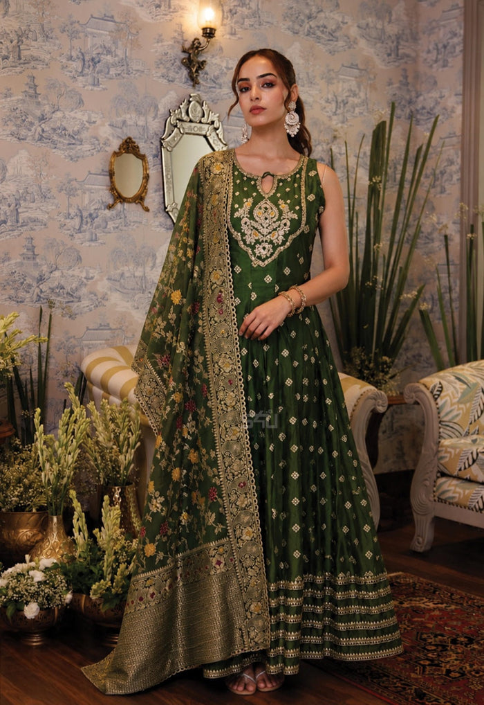 Forest green anarkali set with gold embroidery and a matching dupatta