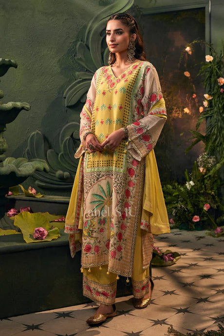 Yellow kurta set with floral embroidery, the traditional colour for a mayoon