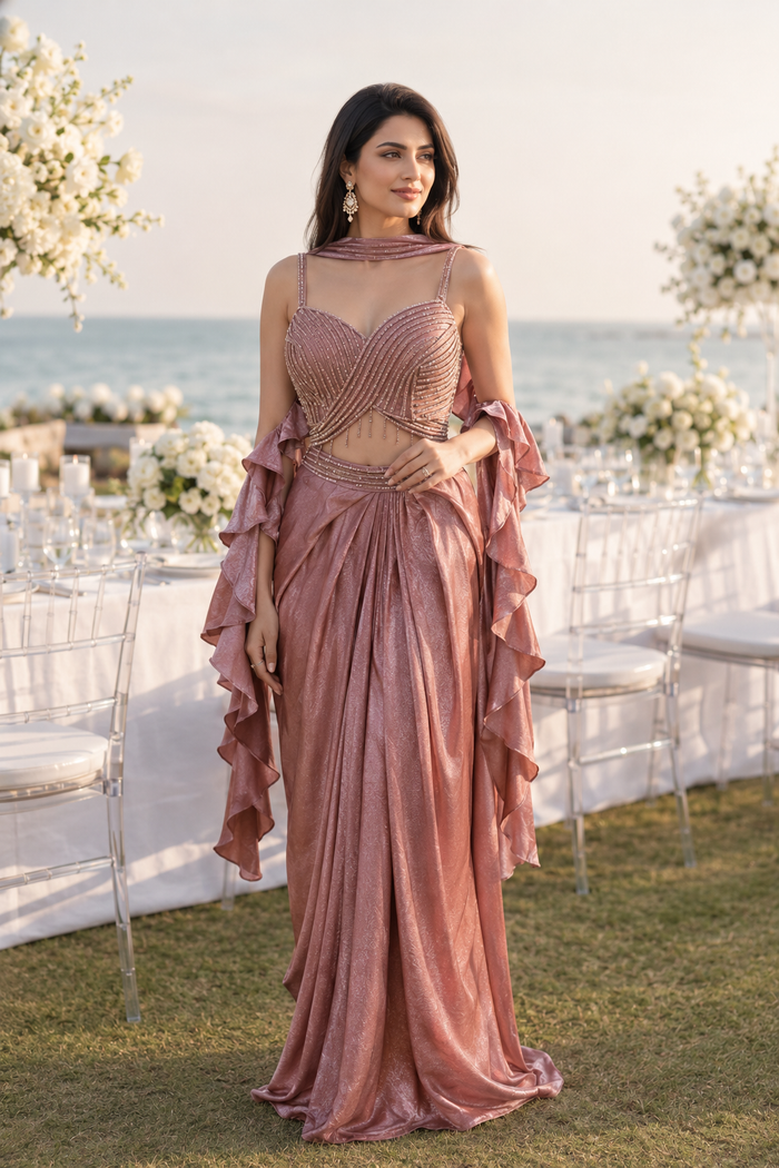 Rose gold ruffle draped skirt set photographed in movement