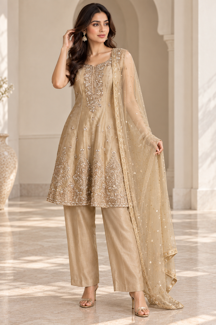 Champagne beige kurta set with silver jewel embroidery and matching dupatta