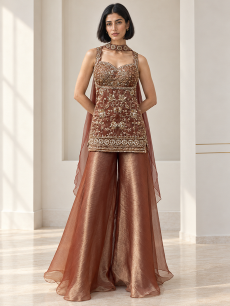 Copper rose palazzo set with antique gold floral jewel embroidery