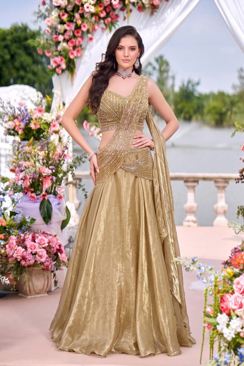 Champagne gold crystal draped lehenga set photographed on the model