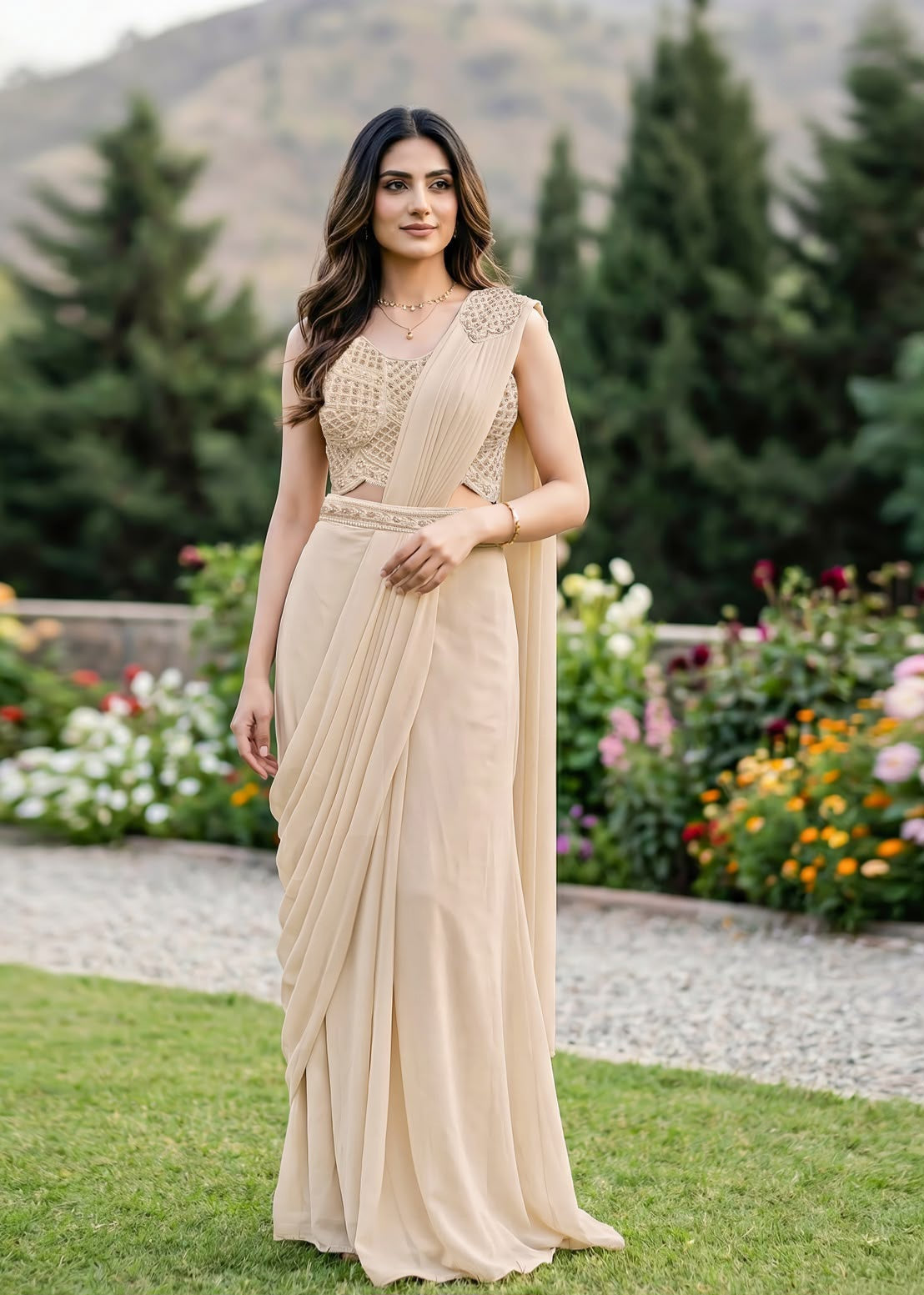 Champagne pearl pre-draped saree set, suited to wearing under a convocation gown
