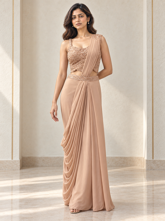 Champagne blush draped saree set with silver crystal embroidery on a model