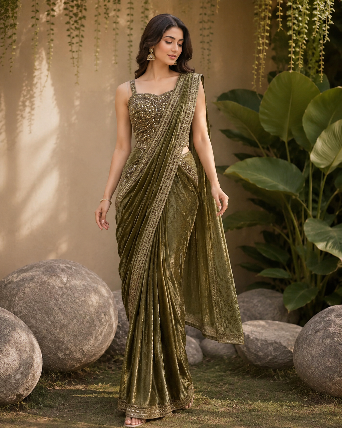 Olive and gold embroidered saree set with a matching fitted blouse