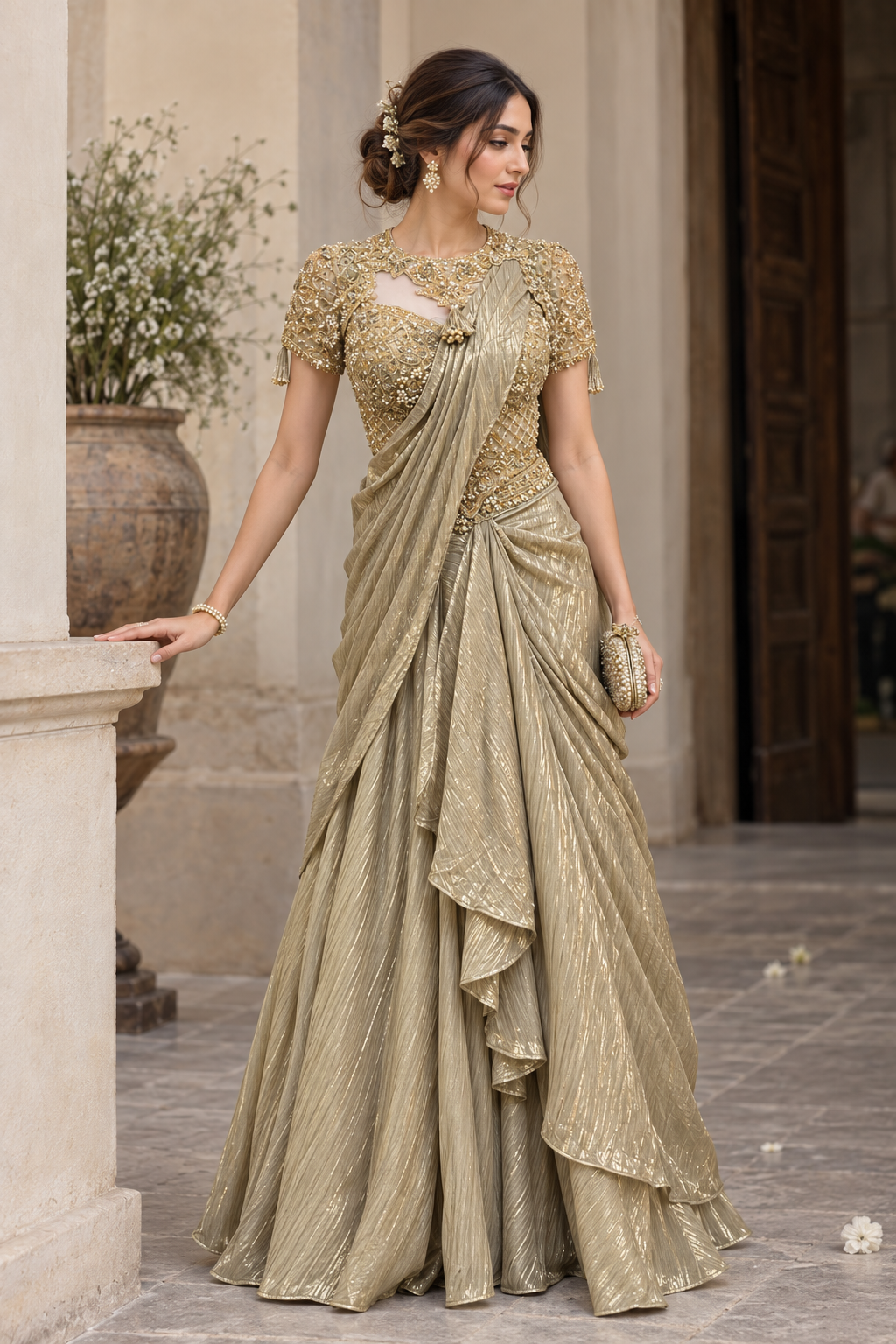 Champagne gold draped skirt set with a beaded blouse and attached shoulder drape