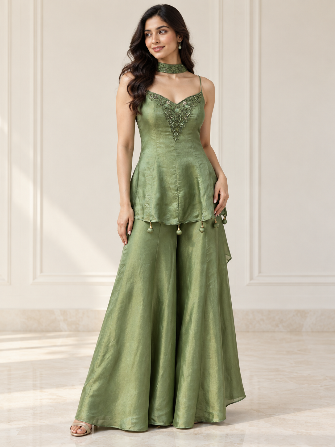 Sage green peplum palazzo set with tonal jewel beadwork and wide-leg pants