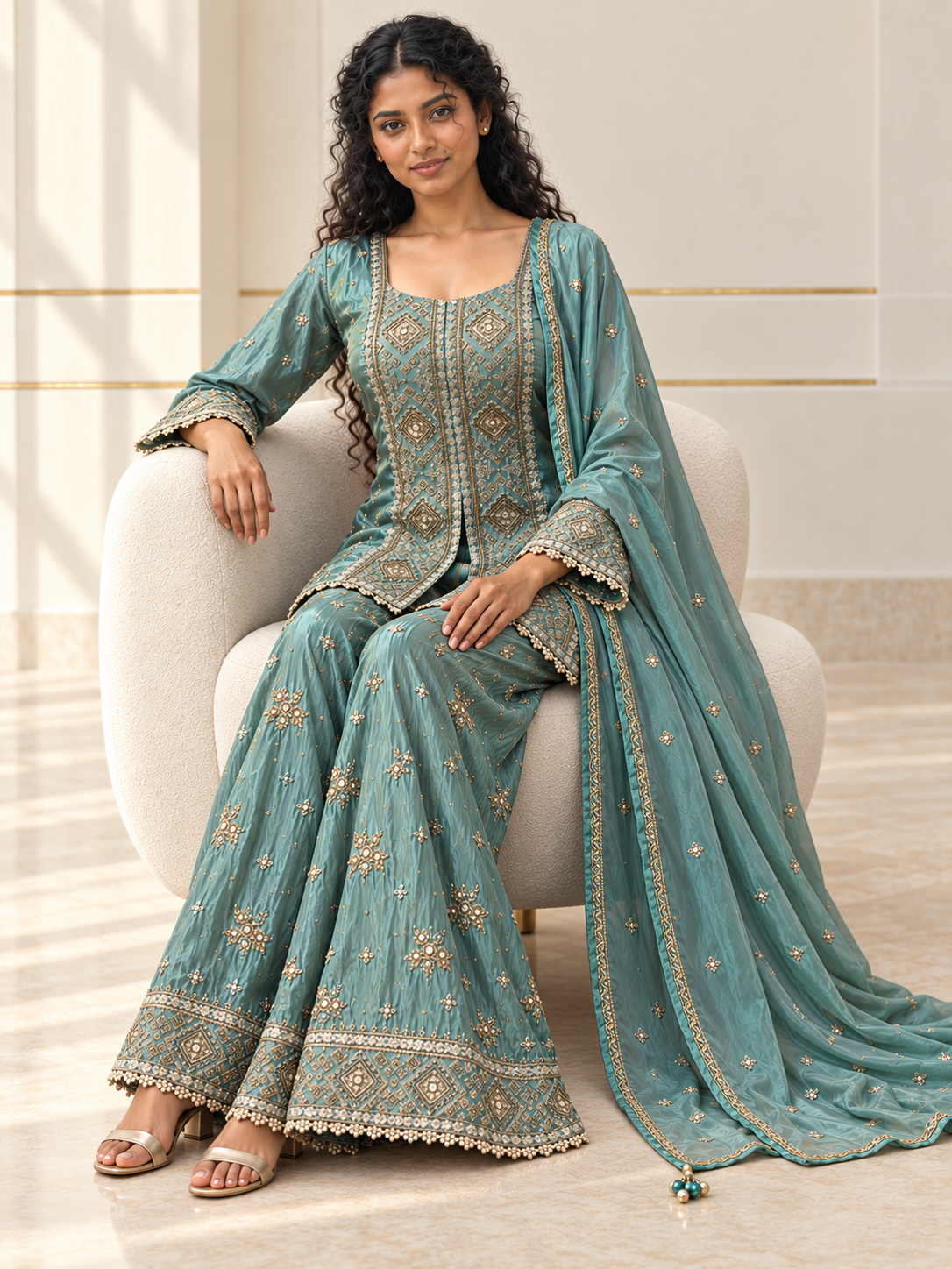 Dusty turquoise sharara set with antique gold geometric embroidery