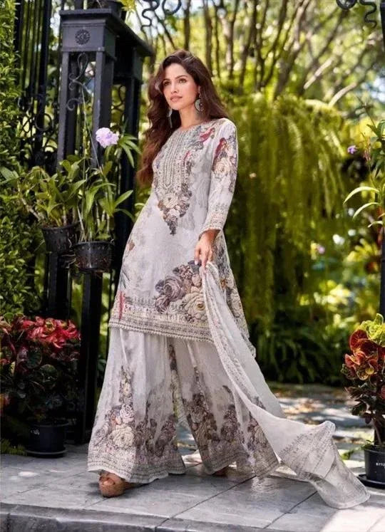 Grey floral printed kurta and palazzo set with a drawn waist and matching dupatta