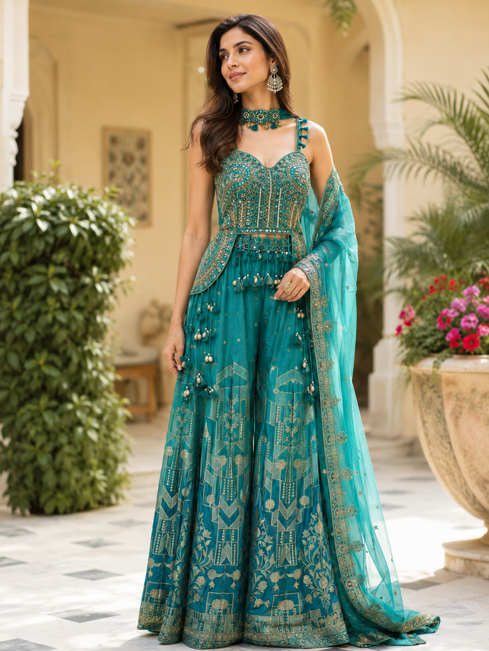 Peacock teal lehenga set with gold geometric embroidery on a hanger rail