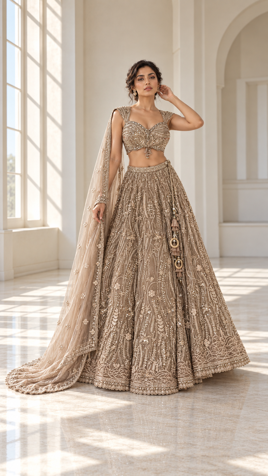 Champagne taupe lehenga with silver jewel work, cut for an evening reception