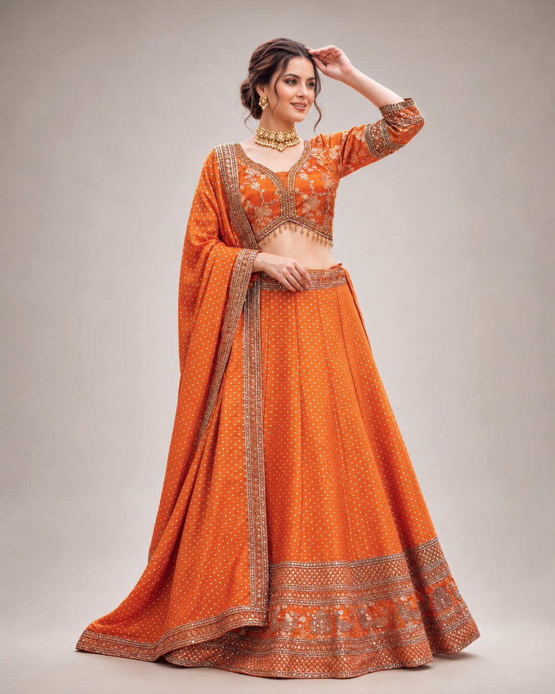 Tangerine gold brocade lehenga ensemble styled for Diwali celebrations