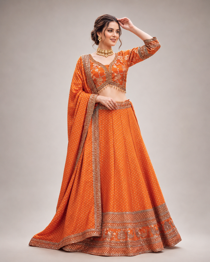 Tangerine gold brocade lehenga ensemble styled for Diwali celebrations