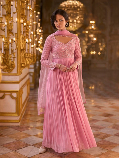 Rose pink floor-length anarkali with silver floral beadwork and a sheer dupatta, from the live Canadian catalogue