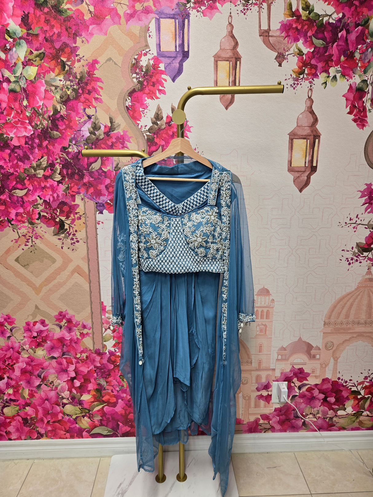 Sky Blue Handcrafted Cape Style Suit Set