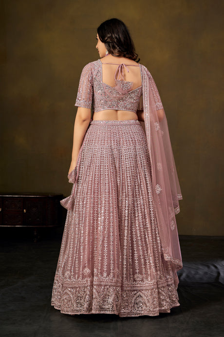 Dusty Rose Net Lehenga Choli Set – Embroidered Bridal-Inspired Look