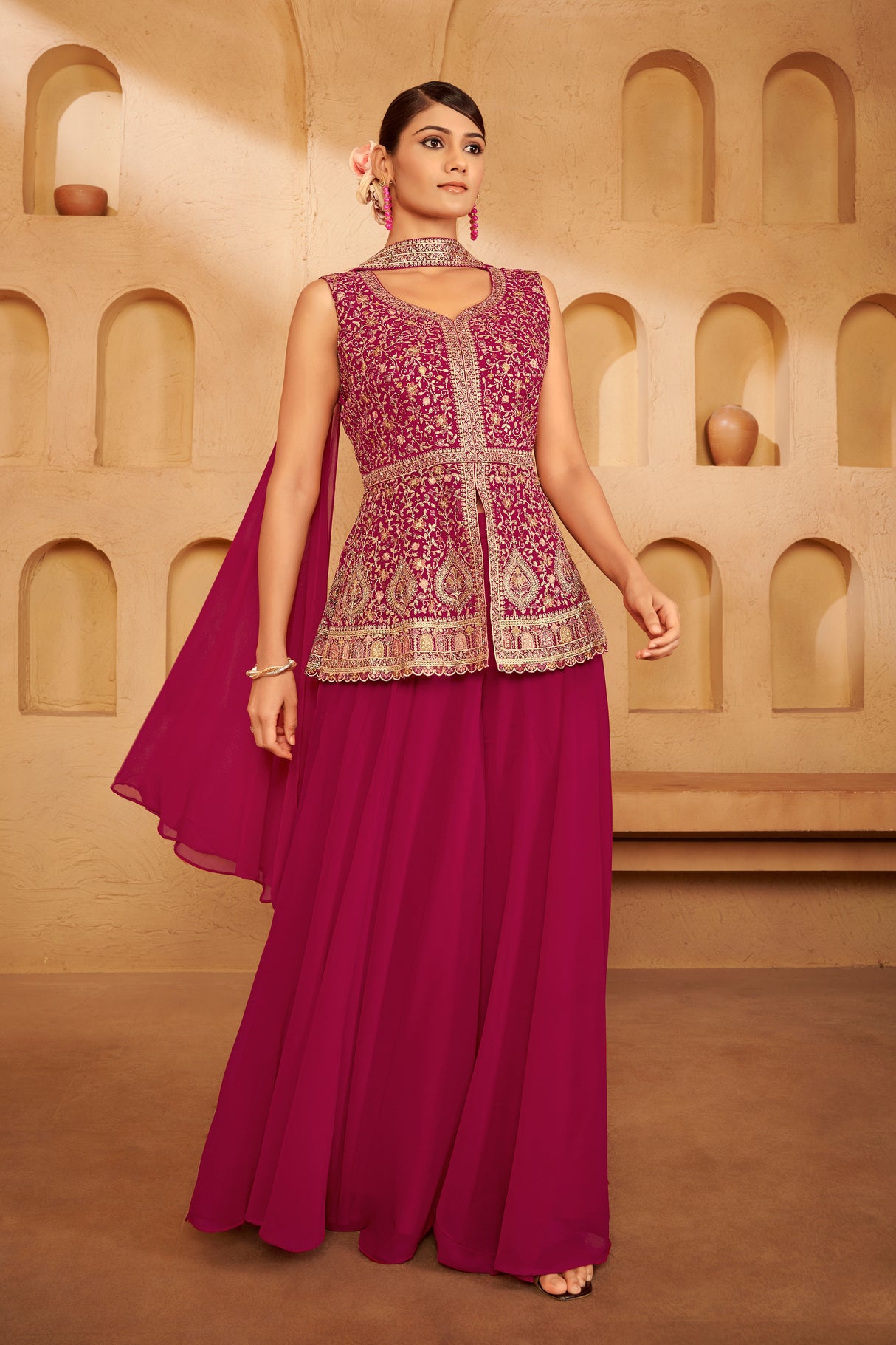 Deep Rose Embroidered Ethnic Set – Elegant Festive Ensemble for Weddings & Celebrations