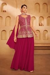 Deep Rose Embroidered Ethnic Set – Elegant Festive Ensemble for Weddings & Celebrations