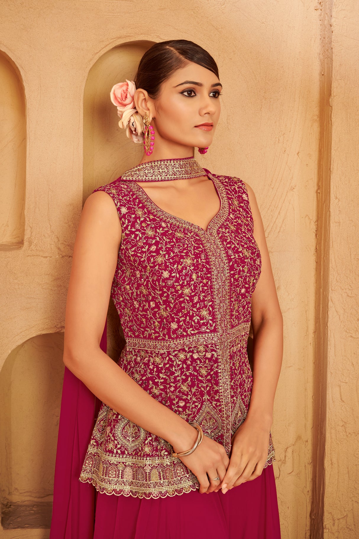 Deep Rose Embroidered Ethnic Set – Elegant Festive Ensemble for Weddings & Celebrations